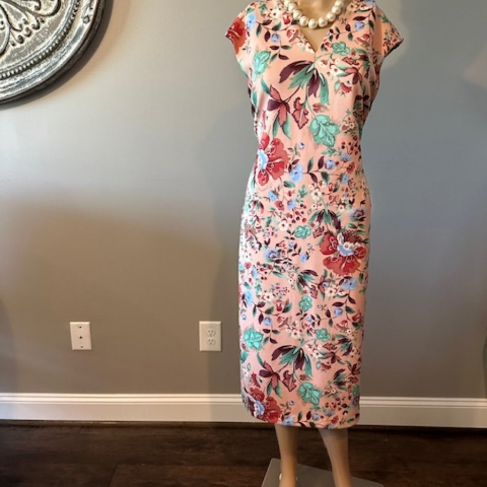 NY & COMPANY PINK FLOWERED A-LINE V-NECK DRESS,